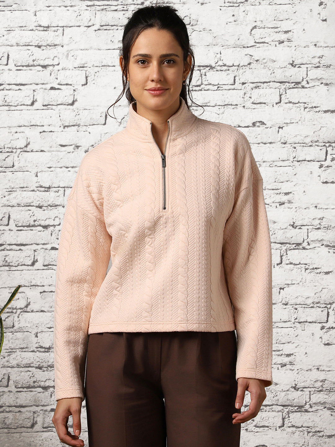 Oversized Cable Knit Zip-up Sweatshirt