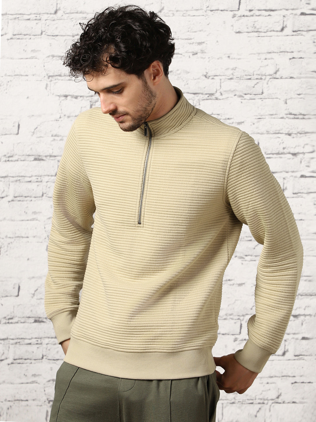 Pale Khaki Striped Quilted Zip-up Sweatshirt