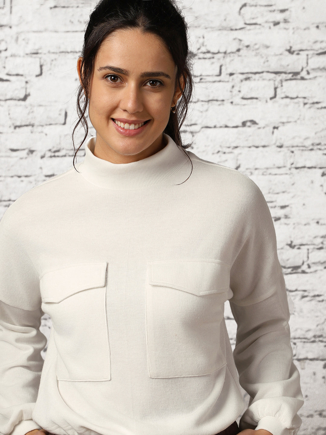 Women Oversized Flap Pocket Self Design Pullover