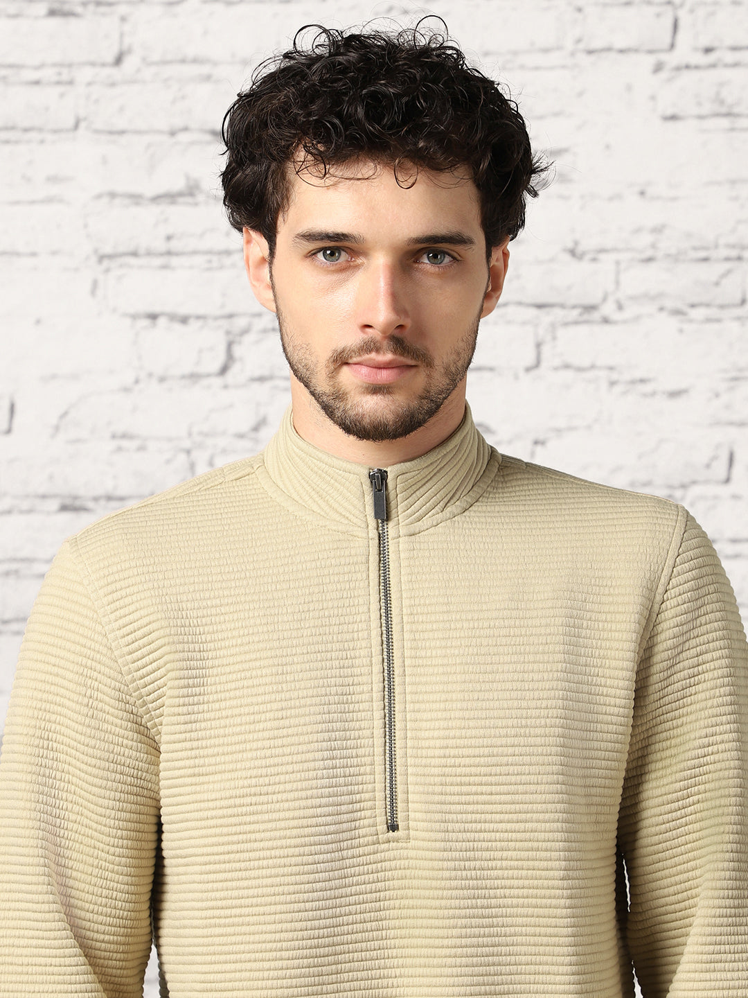 Pale Khaki Striped Quilted Zip-up Sweatshirt