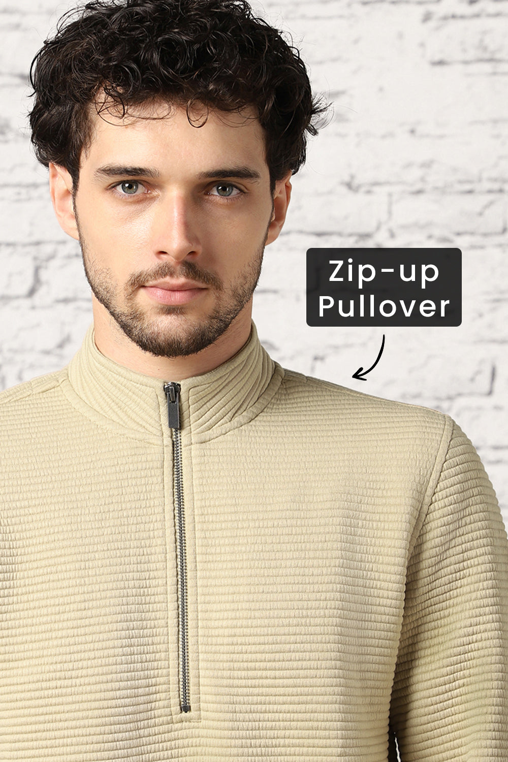 Pale Khaki Striped Quilted Zip-up Sweatshirt