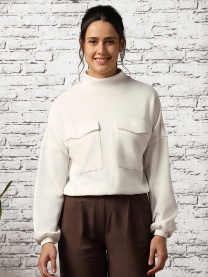 Women Oversized Flap Pocket Self Design Pullover