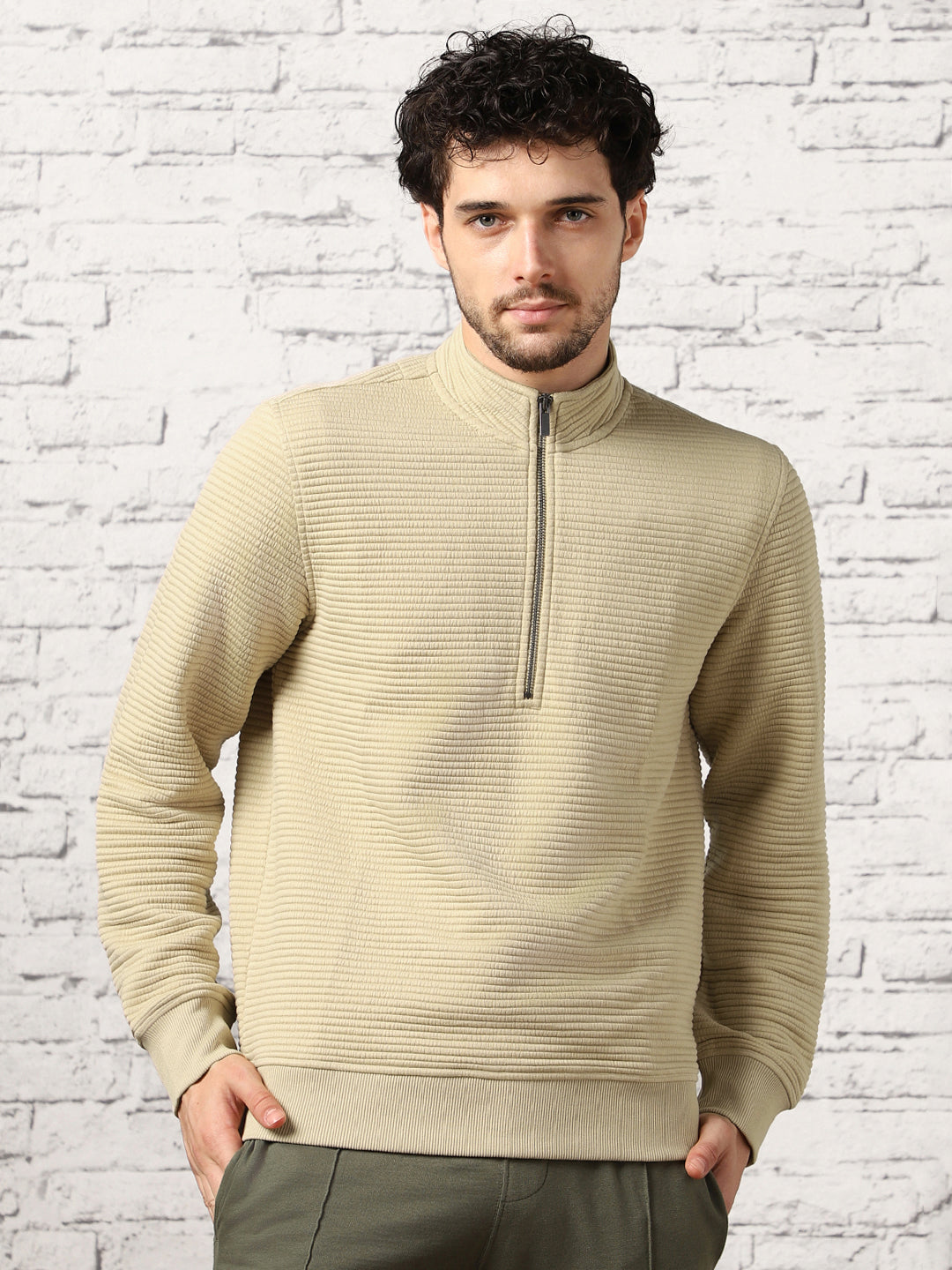 Pale Khaki Striped Quilted Zip-up Sweatshirt