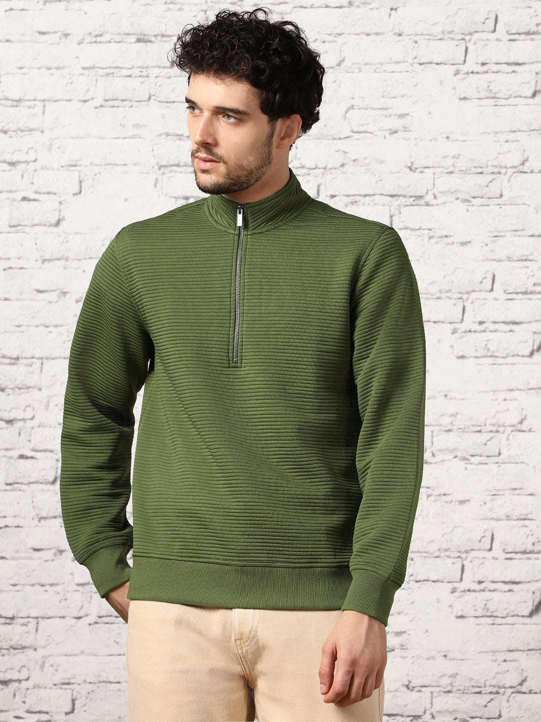 Pale Khaki Striped Quilted Zip-up Sweatshirt