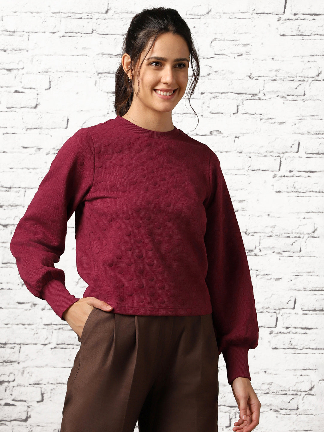 Women Bubble Knit Self Design Pullover