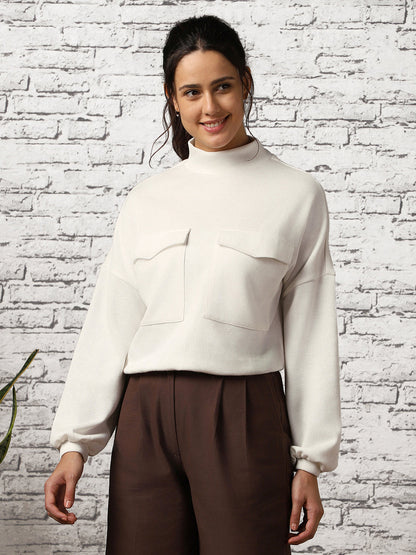 Women Oversized Flap Pocket Self Design Pullover