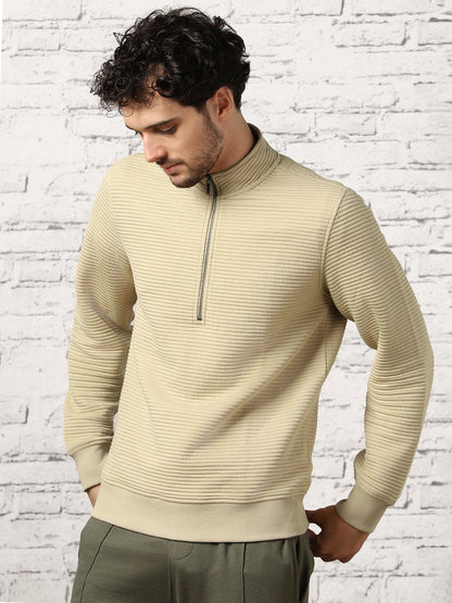 Pale Khaki Striped Quilted Zip-up Sweatshirt