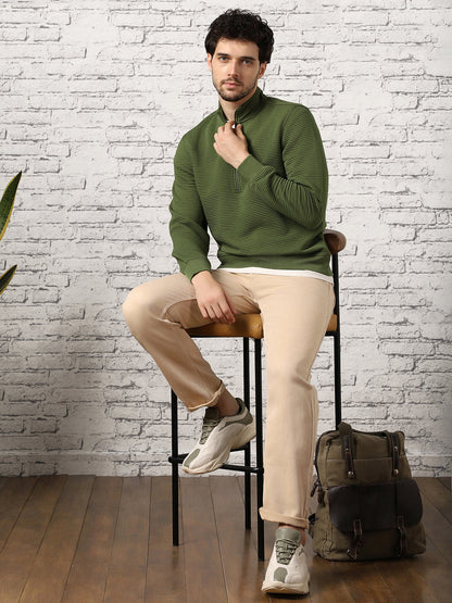 Pale Khaki Striped Quilted Zip-up Sweatshirt