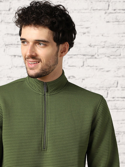 Pale Khaki Striped Quilted Zip-up Sweatshirt