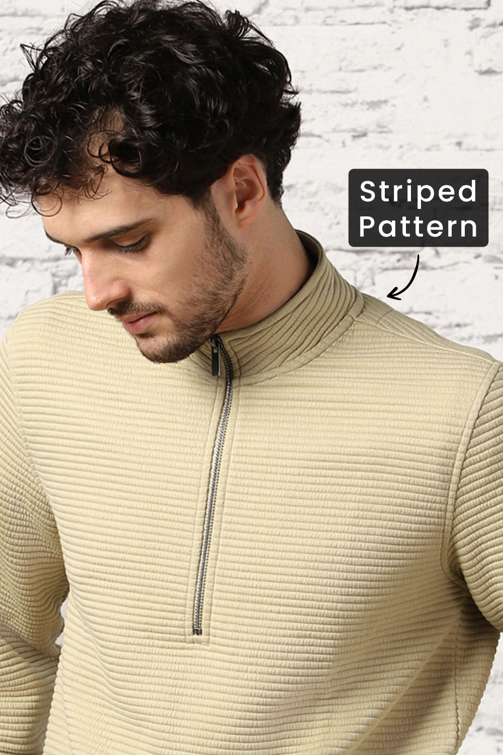 Pale Khaki Striped Quilted Zip-up Sweatshirt