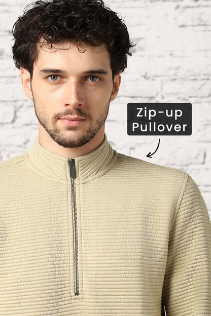 Pale Khaki Striped Quilted Zip-up Sweatshirt