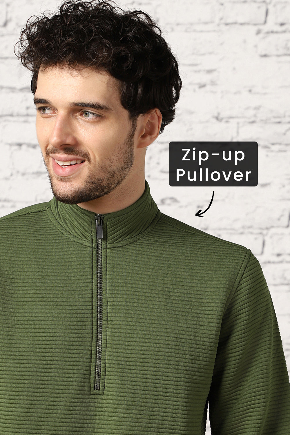 Pale Khaki Striped Quilted Zip-up Sweatshirt